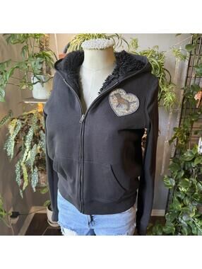 Vintage Y2K Victoria's Secret Pink Black Sequin Logo Sherpa-Lined Hoodie